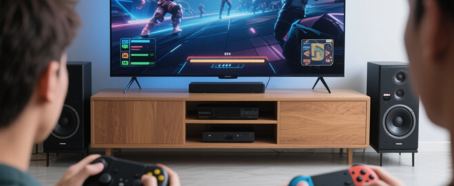 Gaming setup showing TV mounted above wooden media console, with speaker visible to the side. Screen displays colorful gaming content