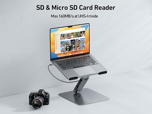 Text reads 'SD &amp; Micro SD Card Reader'. Product shots showing card reader connected to laptop and camera, with screen displays visible.