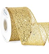 Ribbli Christmas Ribbon,Glitter Mesh Wired Ribbon for Christmas Tree, Gold Sparkling Ribbon 2.5 I...