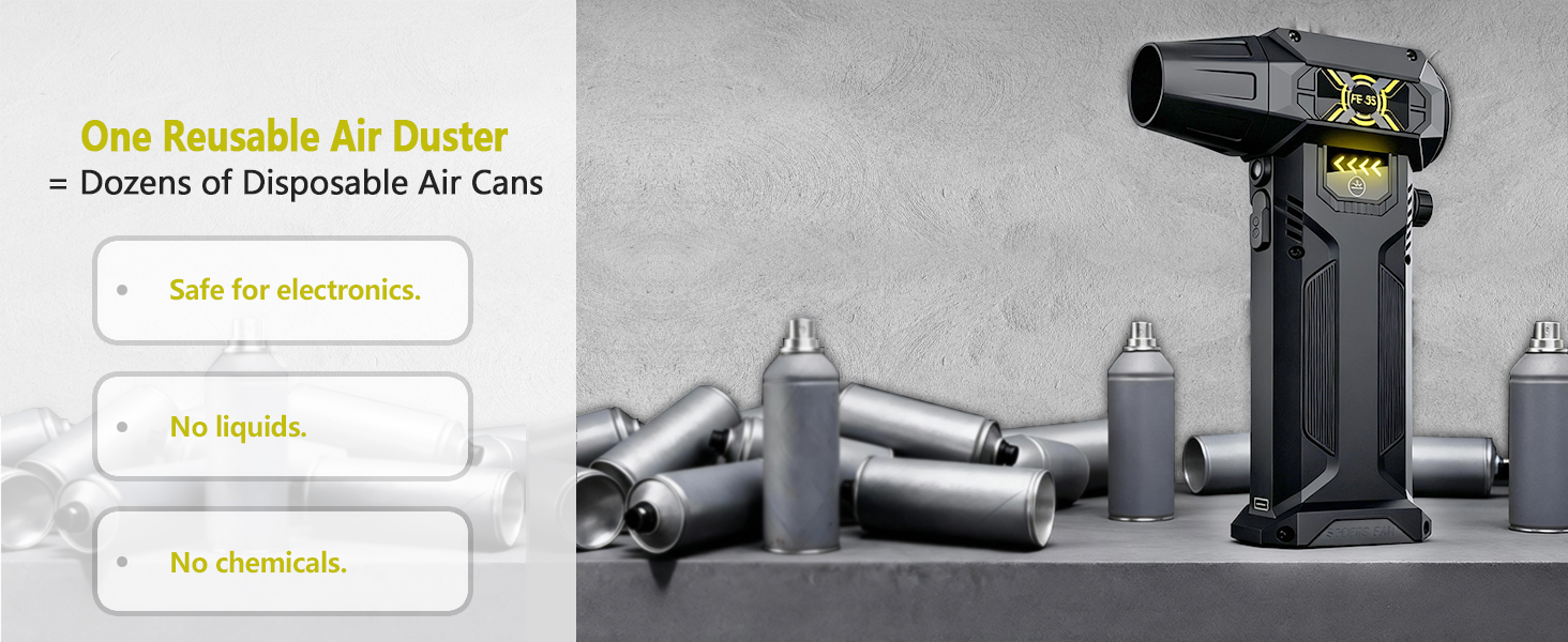 FE-J35 Rechargeable Air Duster, safe for electronics, no liquids or chemicals.