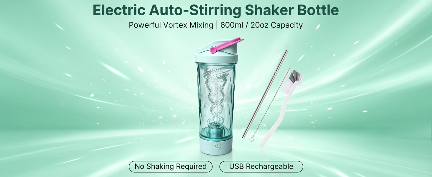 Electric shaker bottle with USB charging, 600ml capacity, straw, and cleaning brushes.