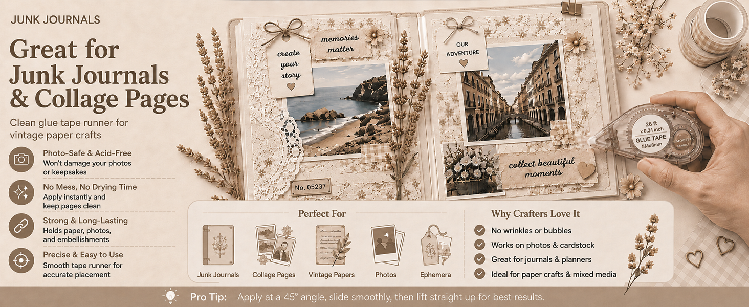 Glue tape runner, junk journals, collage pages, vintage papers