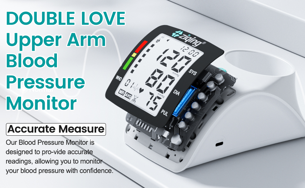 Upper arm blood pressure monitor with large digital display showing systolic/diastolic readings and pulse. Device labeled 'DOUBLE LOVE' with 'Accurate Measure' feature.