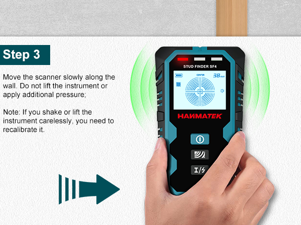 Text reads 'Step 3'. Instructional diagram showing smartphone scanning motion along wall with directional arrows and device interface screens.