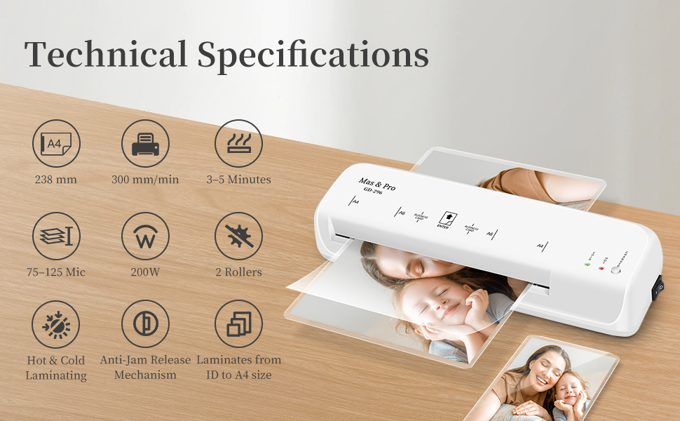 Laminator specs showing 238mm entry, 300mm/min speed, 3–5 min warm-up, 75–125 mic, 200W, 2 rollers
