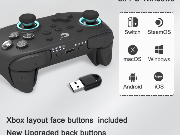Gaming controller compatibility diagram showing icons for Switch, SteamPad, macOS, Windows, Android, iOS. Text reads 'ABXY layout face buttons included' and 'New Upgraded back buttons'.