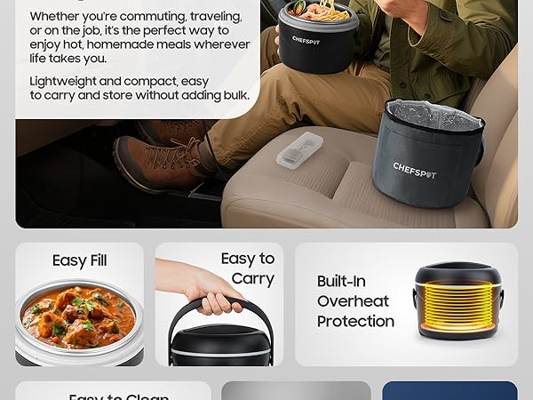 Man eating hot lunch from electric lunch box inside car using 12V portable food warmer
