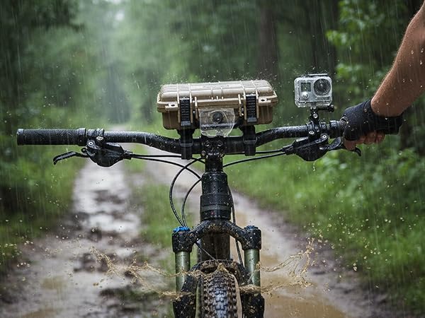 Text reads 'Image 5'. Multiple views of a mountain bike on forest trails, showing handlebars, mounted camera equipment, and rider perspective shots.