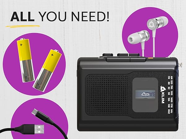 Text reads 'ALL YOU NEED!' Product showcase featuring a black electronic device (appears to be a radio or recorder) with battery illustrations on purple circular backgrounds.