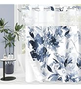 Litabel No Hook Navy Watercolor Floral Shower Curtain, Plant Leaves with Flower Hookless Shower C...