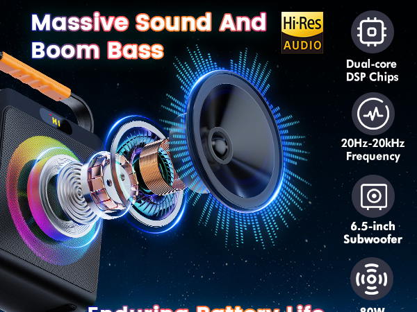 Equipped with dual-core DSP chip and 6.5-inch 80W power subwoofer, covering full frequency.