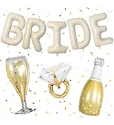 Bridal celebration set with white 'BRIDE' balloon letters, champagne glass, diamond ring balloon, and glittery champagne bottle. Gold confetti scattered throughout.