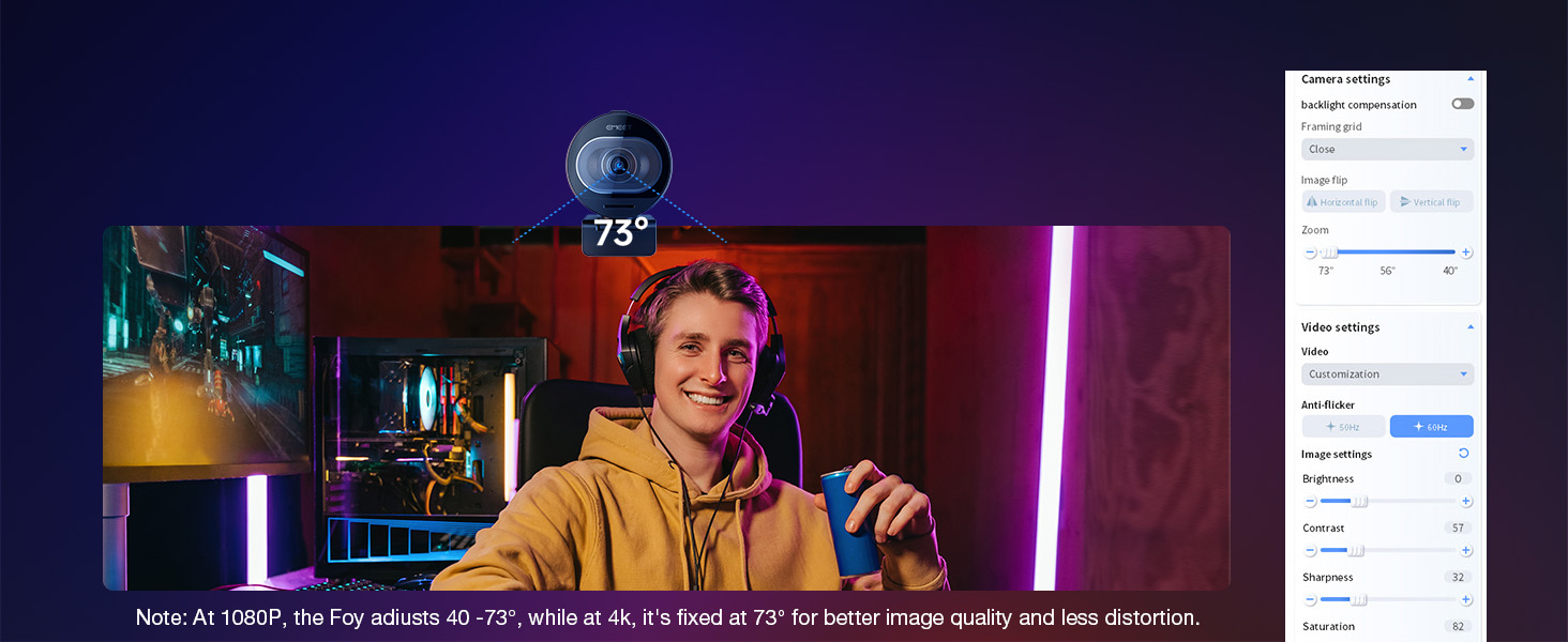 40°-73° FOV, Streaming Camera for Live Commerce/Gaming/Beauty