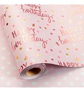 MAYPLUSS Reversible Pink Birthday Wrapping Paper Roll, Girl Gift Wrapping Paper, Metallic Foil Ha...