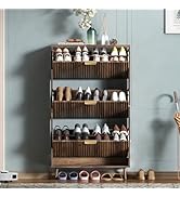 QIVOMIX Shoe Cabinet Storage,Modern Freestanding Organizer with 3 Flip Drawers,Narrow Shoe Rack C...