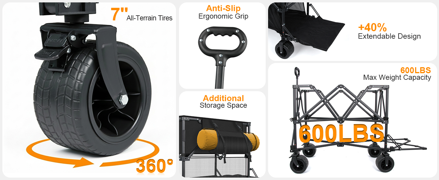 Double decker wagon features all-terrain tires, 600lb capacity, extendable deck &amp;amp; ergonomic grip