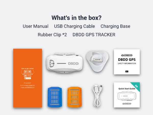 What's in the box? User Manual, USB Charging Cable, Charging Base, Rubber Clip *2, DBDD GPS TRACKER