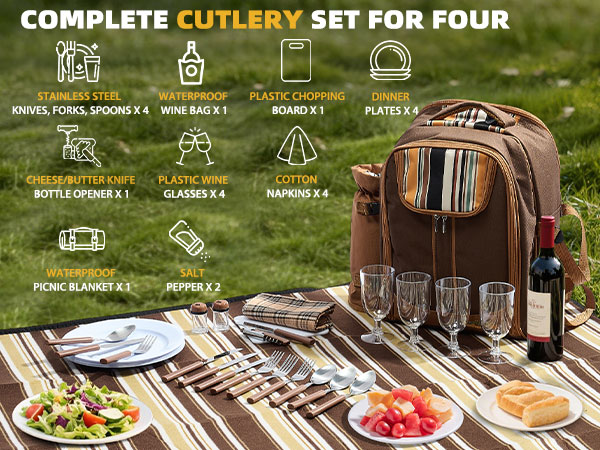 Picnic Backpack Bag for 4 Person with Cooler Compartment,Wine Bag, Picnic Blanket