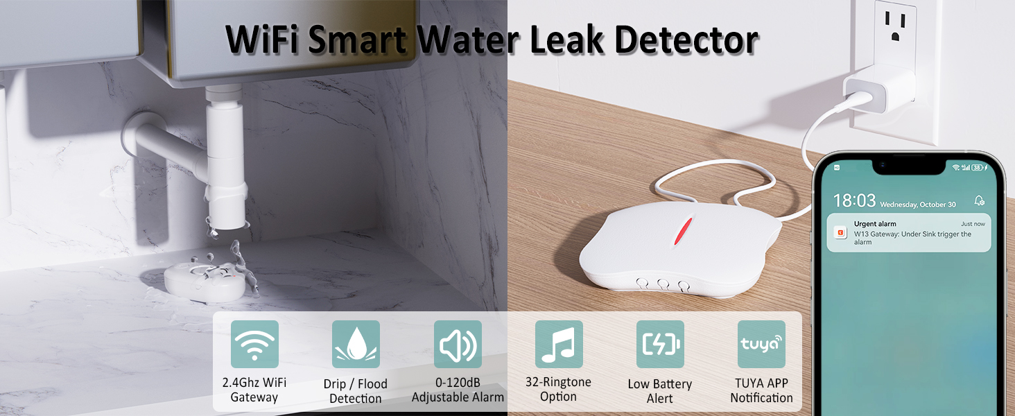 Water Leak Sensor 6-Pack with 2.4GHz WiFi Gateway