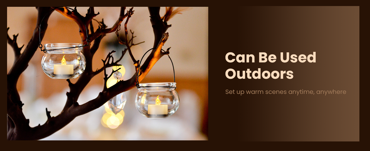 Spherical glass candle holders hanging from tree branches. Lit candles inside create a warm glow. Text indicates they can be used outdoors for ambiance.