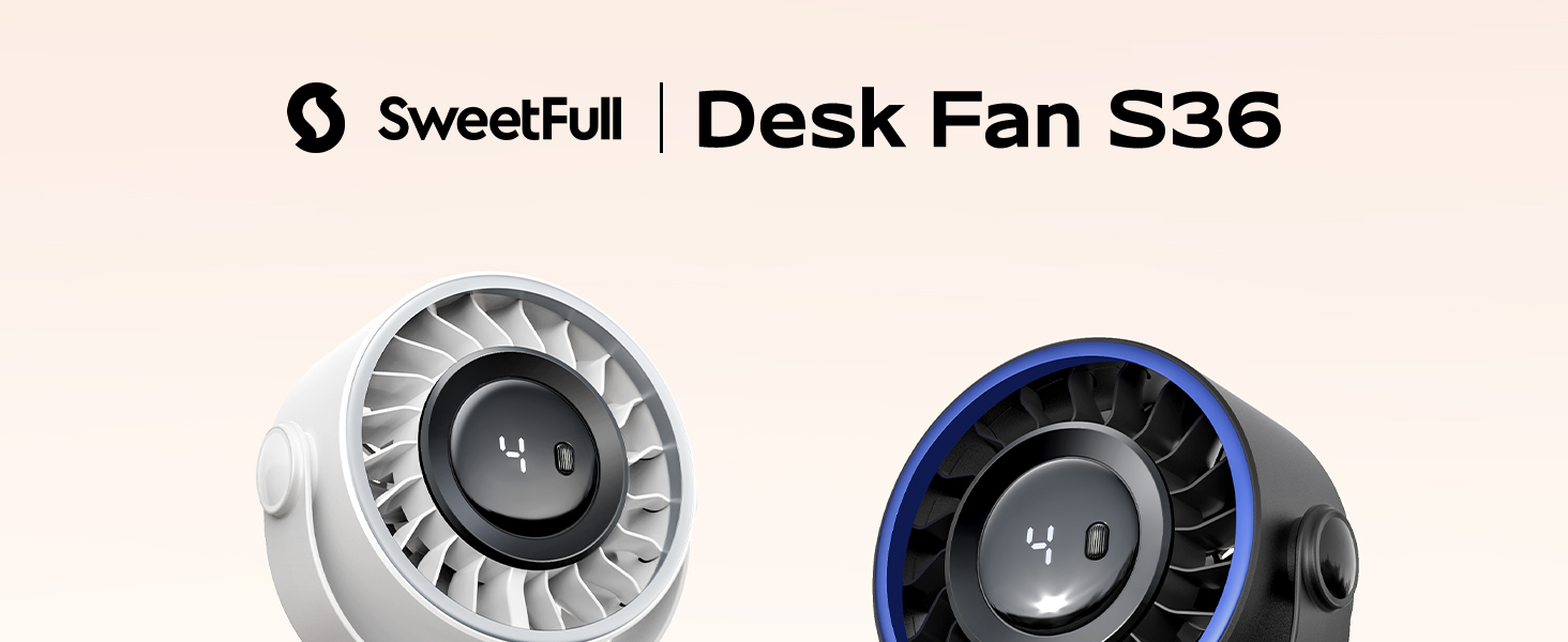 Text reads 'Sweetfull Desk Fan S36'. Product images showing white desktop fan with blue LED display and multiple control buttons.