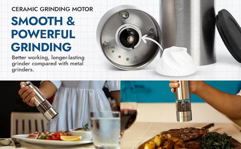 Latent Epicure grinder with ceramic motor, close-up, and real use at dinner table with steak dish
