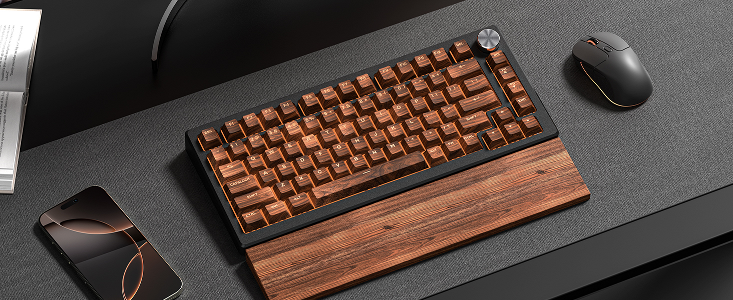a keyboard with wooden - textured keycaps
