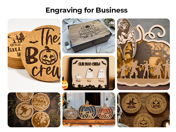 Text reads: 'Engraving for Business'. Collage of wooden engraved items including Halloween-themed coasters, decorative boxes, and cutout displays featuring pumpkin designs and seasonal motifs.