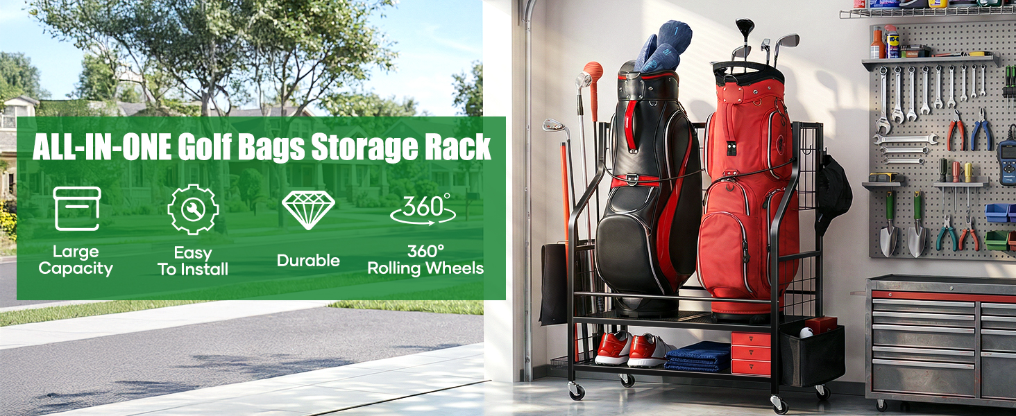Golf Bag Storage Rack for Garage, Golf Bag Organizer and Golf Accessories, Golf Bag Storage Stand