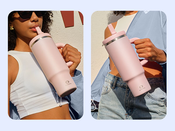 pink tumbler with handle and lip