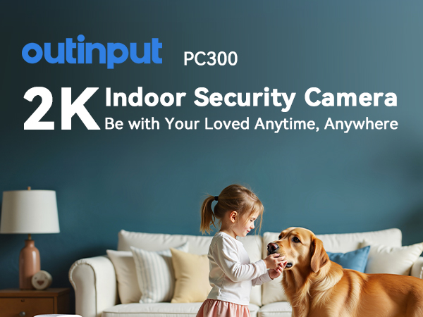 Indoor security camera advertisement showing a child petting a dog on a couch. Text reads: 