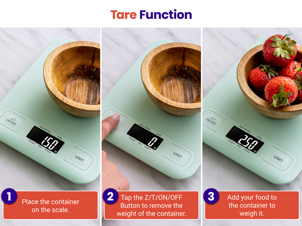 Press tare button to get food's pure weight easily.