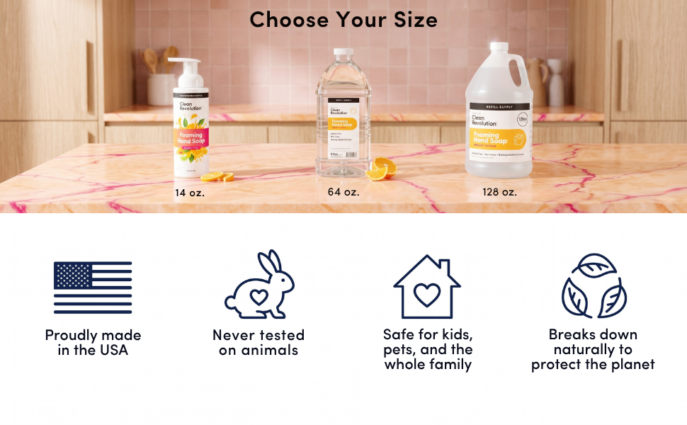 Various foaming hand soap sizes on a kitchen countertop