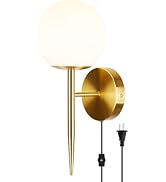 Rosient Mid-Century Wall Sconce Plug in, Gold Matte Brass Wall Lamp with Milk Glass, White Globe ...