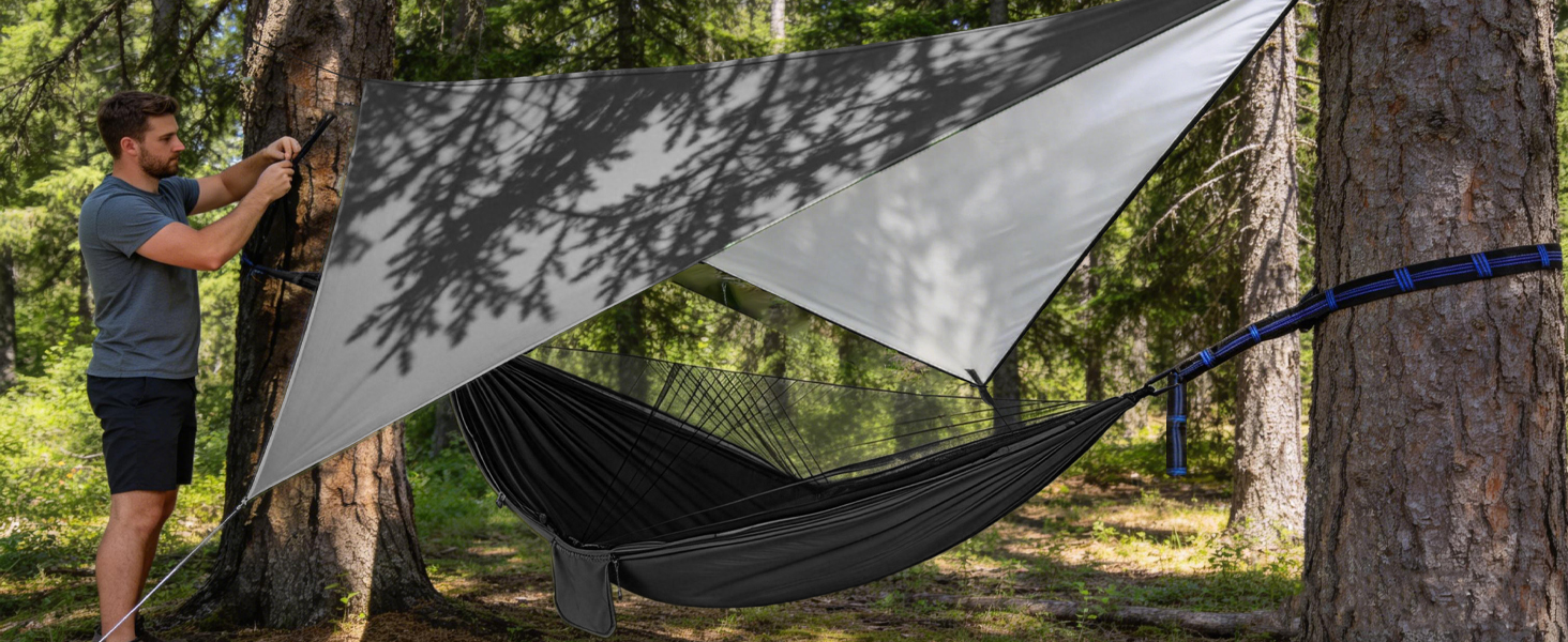 Text reads 'Image 1'. Multiple outdoor scenes showing camping hammocks or tarps set up between trees in natural settings, demonstrating various installation configurations.