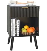 Fultyle Black Fluted Nightstand, Modern Bedside Table with Drawer and Opening Storage, End Side T...