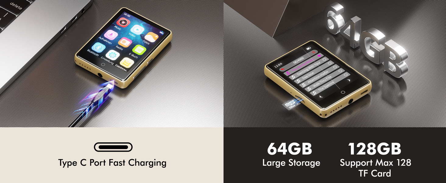 64GB MP3 Player with Bluetooth 5.3, Portable Music Player with Voice Recorder ,FM Radio, Pedometer