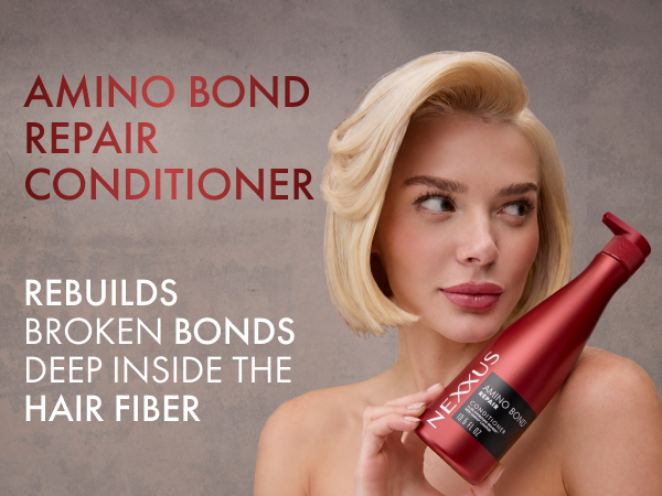 Woman with straight hair holding product's pump bottle next to text highlighting product benefits.