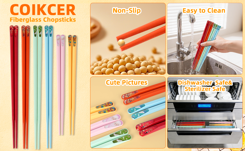 Fiberglass Chopsticks, Non-Slip Design,Easy to Clean,Cute Patterns, Dishwasher Safe, Sterilizer Safe