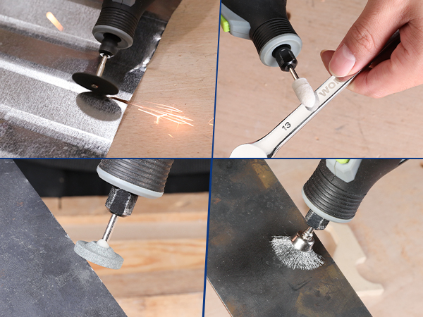 Multi-panel demonstration of a drill bit or cutting tool being used on various surfaces, showing different drilling angles and applications.