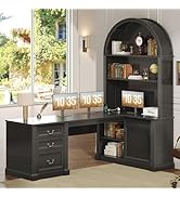 SEDETA 67" L Shaped Desk with Tall Arched Bookshelf, Mid-Century Office Computer Desk with 3 Draw...