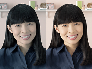 two images of a woman without and with webcam light correction from brio 301 full hd webcam