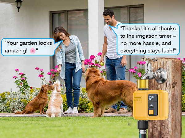 Text in speech bubbles reads: 'Your garden looks amazing!' and 'Thanks! 