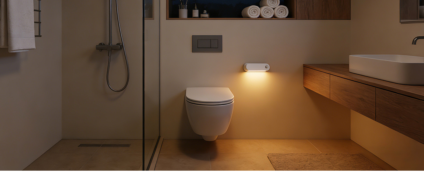 Interior bathroom scene showing motion-activated LED night light illuminating toilet area with warm yellow glow.
