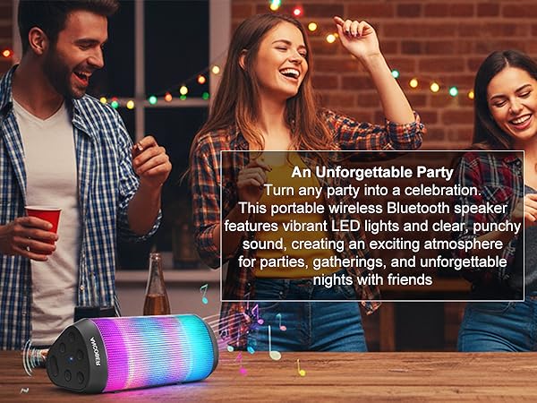 Rich, clear sound with vibrant lights,bring the party to life with this portable Bluetooth speaker