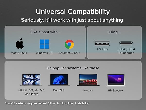 displayport to usb c compatibility showing macOS, Windows 10+, and ChromeOS 100+ support