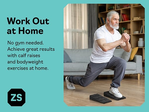 Man doing home workout on slant board calf stretcher and squat wedge block for leg exercise