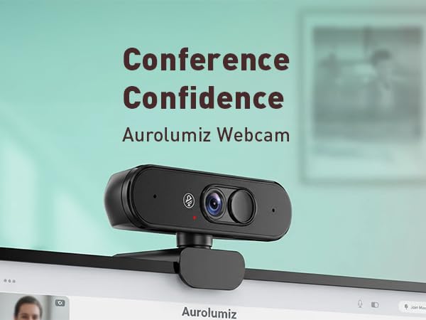 Text reads 'Conference Confidence' and 'Aurolumiz Webcam'. Shows black webcam device mounted on display against teal background.
