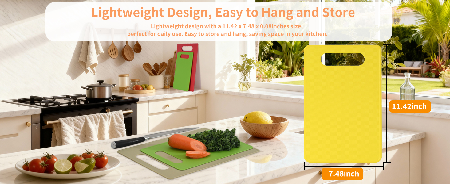 Lightweight plastic cutting board with handle, easy to hang, store, and save space in the kitchen