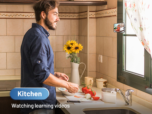 use the phone ring holder to attach on the metal section in the kitchen to watch learning videos